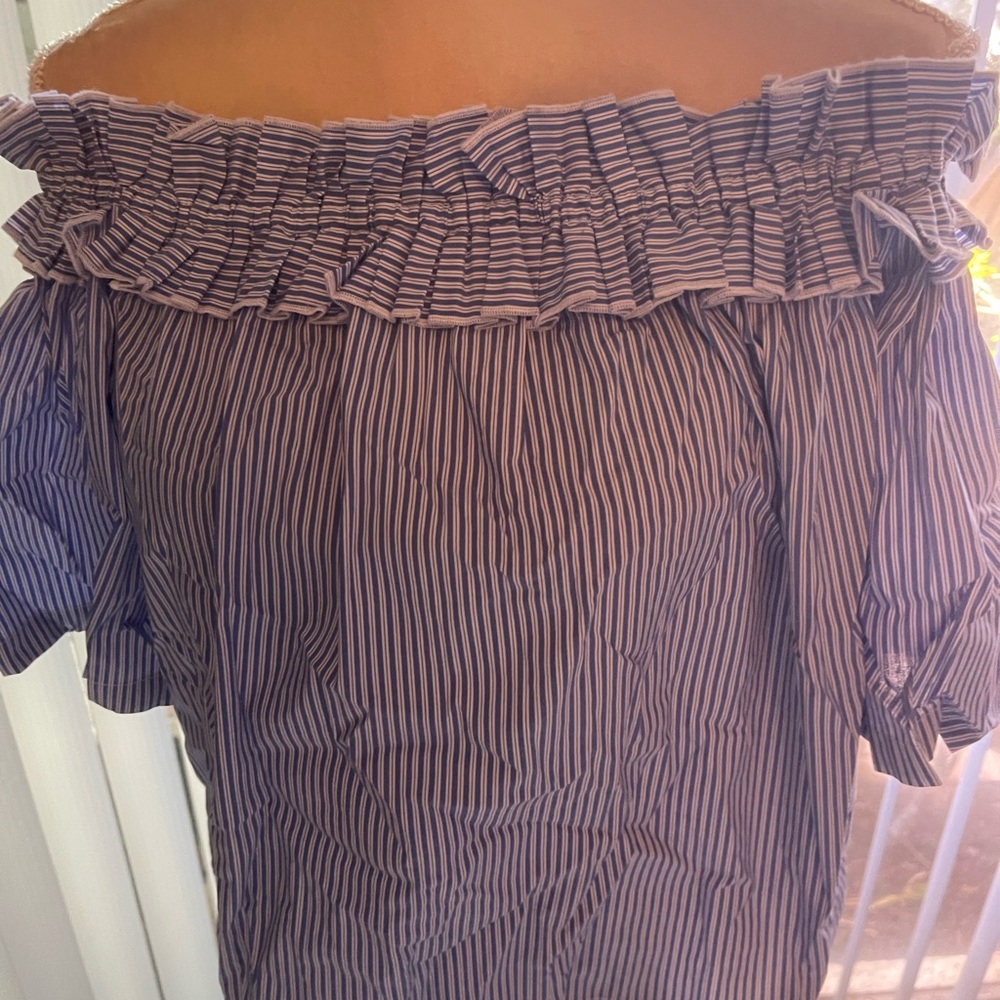 Vineyard Vines Blue and White Striped Off-Shoulder Ruffle Tunic